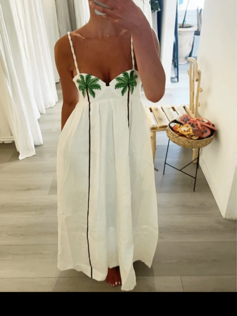 SHEIN White Maxi Dress with Green Palm Embroidery